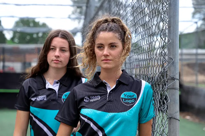 Cricket players in custom cricket uniforms.